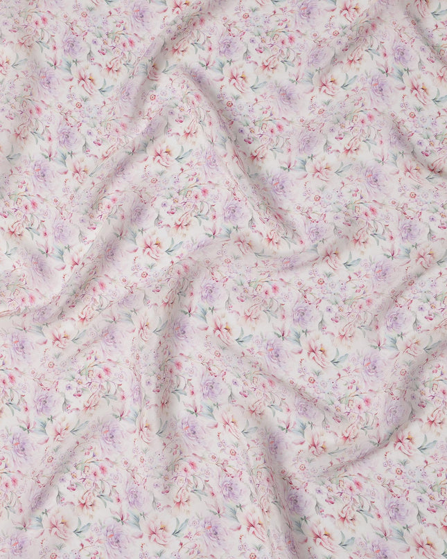 Soft Ivory Viscose Digital Printed Fabric with Pastel Floral Design, 110 cm Width-D21318