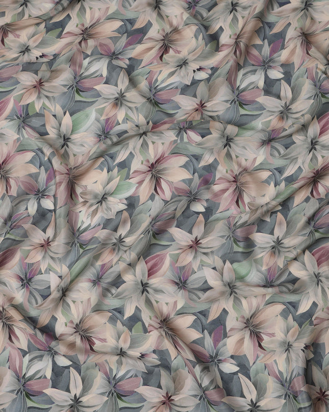 Slate Blue Viscose Digital Printed Fabric with Large Floral Design, 110 cm Width-D21319