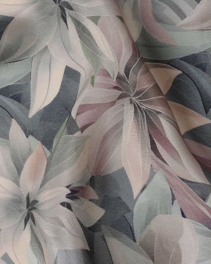 Slate Blue Viscose Digital Printed Fabric with Large Floral Design, 110 cm Width-D21319