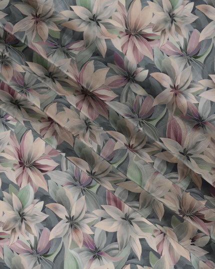 Slate Blue Viscose Digital Printed Fabric with Large Floral Design, 110 cm Width-D21319