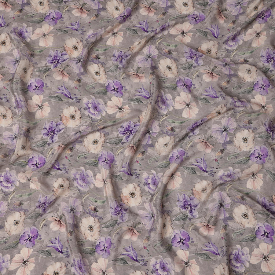 قماش فيسكوز رمادي مطبوع رقميًا بتصميم زهور، عرض 110 سم - D21322