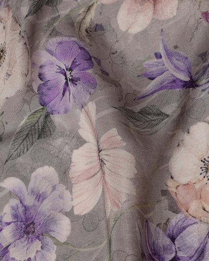 Grey Viscose Digital Printed Fabric with Floral Design, 110 cm Width-D21322