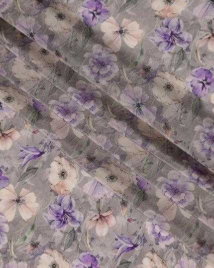 Grey Viscose Digital Printed Fabric with Floral Design, 110 cm Width-D21322