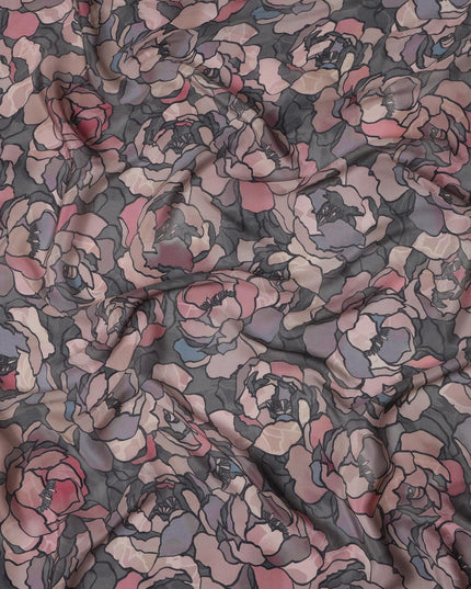 قماش فيسكوز أسود فحمي مطبوع رقميًا بتصميم وردة تجريدية، عرض 110 سم - D21323