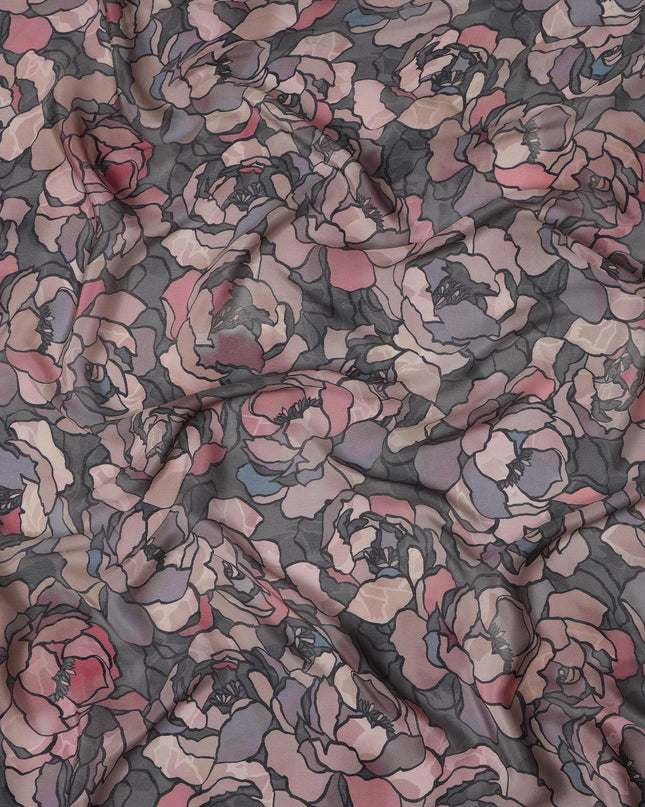 قماش فيسكوز أسود فحمي مطبوع رقميًا بتصميم وردة تجريدية، عرض 110 سم - D21323