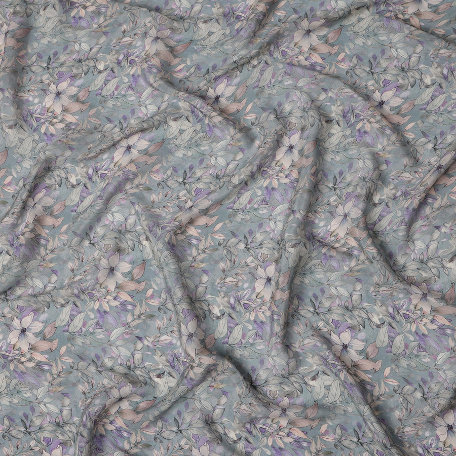 قماش فيسكوز رمادي فاتح مطبوع رقميًا بتصميم زهور نباتية، عرض 110 سم - D21324
