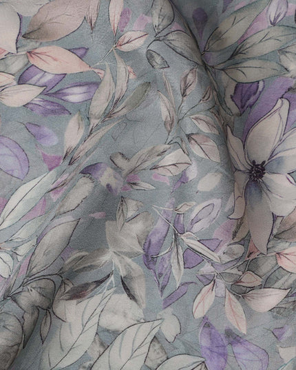 Light Grey Viscose Digital Printed Fabric with Botanical Floral Design, 110 cm Width-D21324