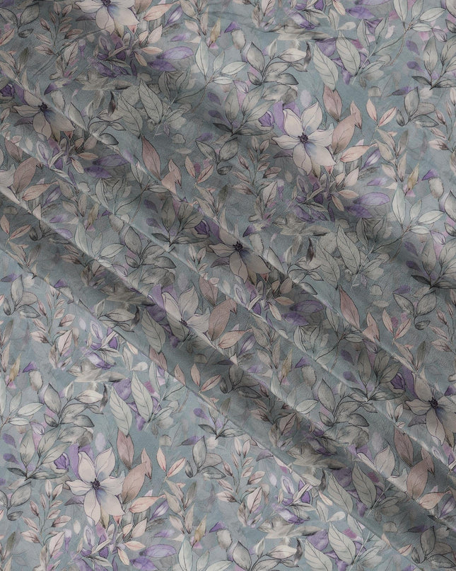 Light Grey Viscose Digital Printed Fabric with Botanical Floral Design, 110 cm Width-D21324