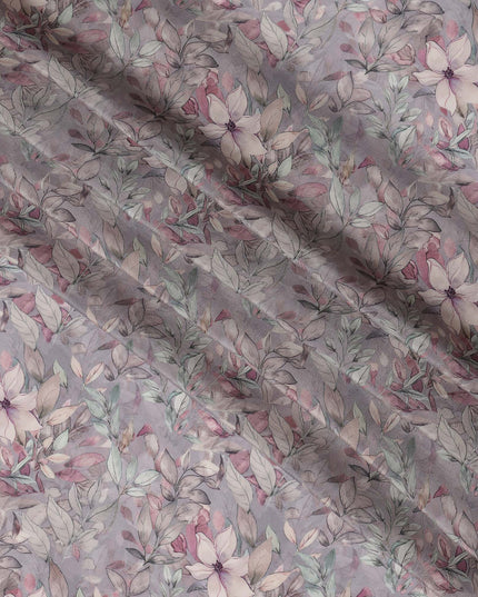 Lavender Viscose Digital Printed Fabric with Leafy Floral Design, 110 cm Width-D21325