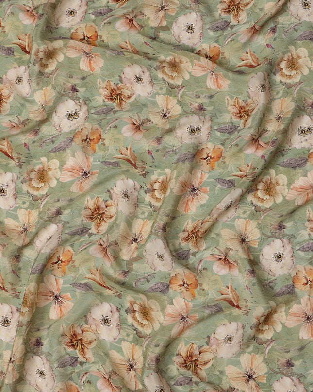 Sage Green Viscose Digital Printed Fabric with Floral Motif Design, 110 cm Width-D21326