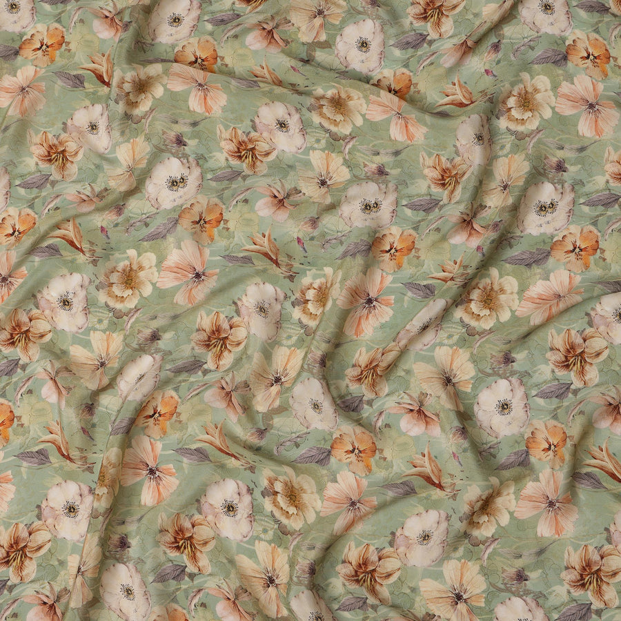 Sage Green Viscose Digital Printed Fabric with Floral Motif Design, 110 cm Width-D21326