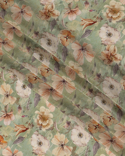 Sage Green Viscose Digital Printed Fabric with Floral Motif Design, 110 cm Width-D21326