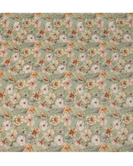 Sage Green Viscose Digital Printed Fabric with Floral Motif Design, 110 cm Width-D21326