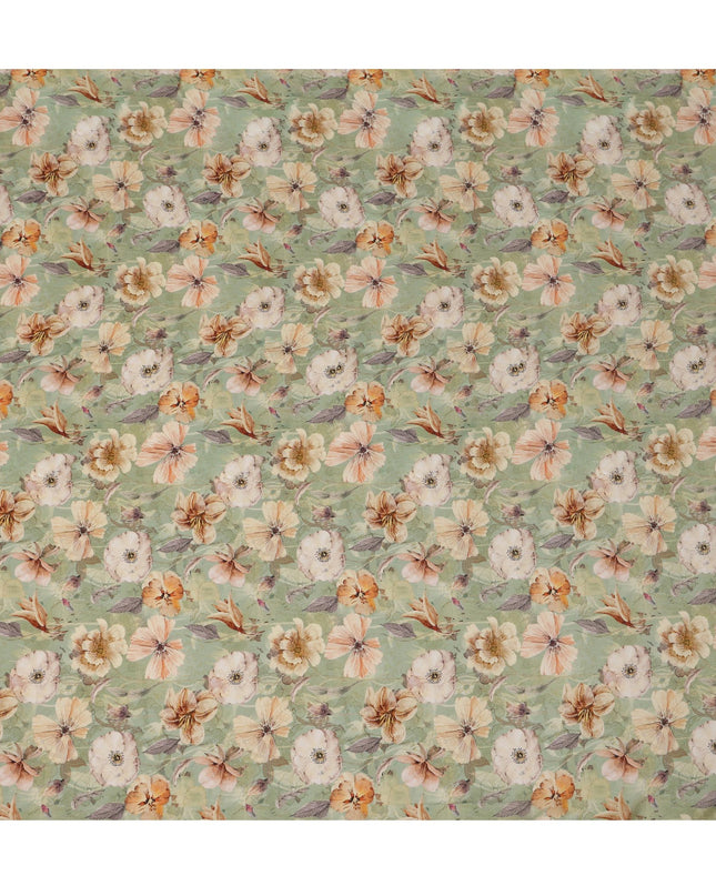 Sage Green Viscose Digital Printed Fabric with Floral Motif Design, 110 cm Width-D21326