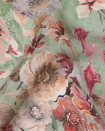 Mint Green Viscose Digital Printed Fabric with Vibrant Floral Design, 110 cm Width-D21327