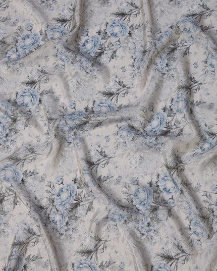 Silver Grey Viscose Digital Printed Fabric with Metallic Finish and Blue Floral Design, 110 cm Width-D21328