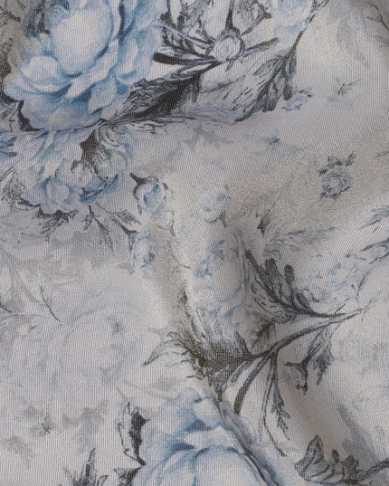 Silver Grey Viscose Digital Printed Fabric with Metallic Finish and Blue Floral Design, 110 cm Width-D21328