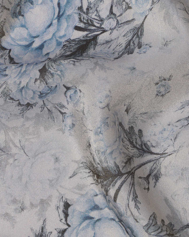 Silver Grey Viscose Digital Printed Fabric with Metallic Finish and Blue Floral Design, 110 cm Width-D21328