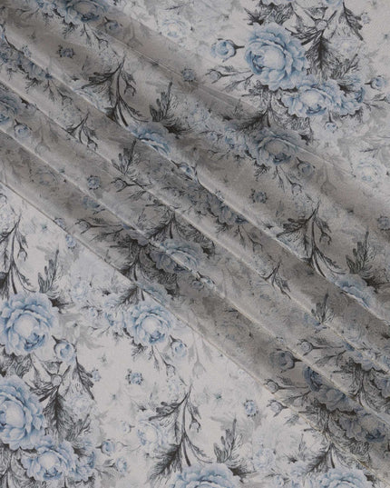 Silver Grey Viscose Digital Printed Fabric with Metallic Finish and Blue Floral Design, 110 cm Width-D21328