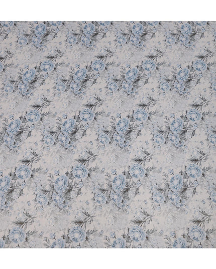 Silver Grey Viscose Digital Printed Fabric with Metallic Finish and Blue Floral Design, 110 cm Width-D21328