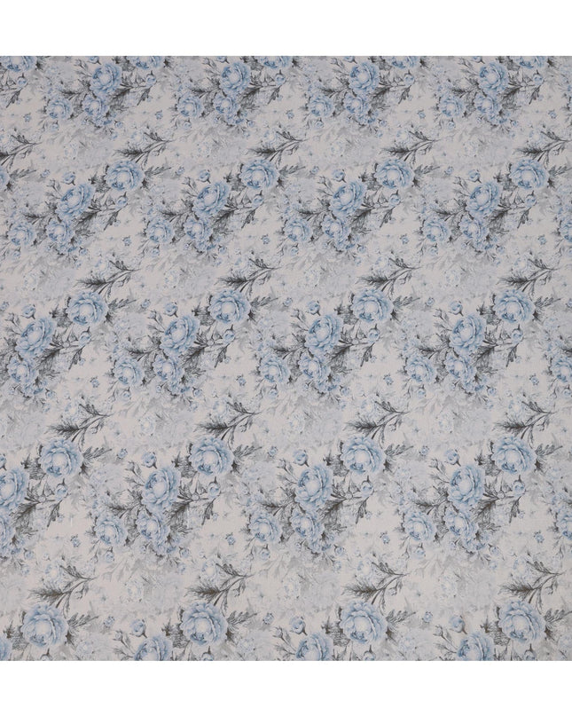 Silver Grey Viscose Digital Printed Fabric with Metallic Finish and Blue Floral Design, 110 cm Width-D21328