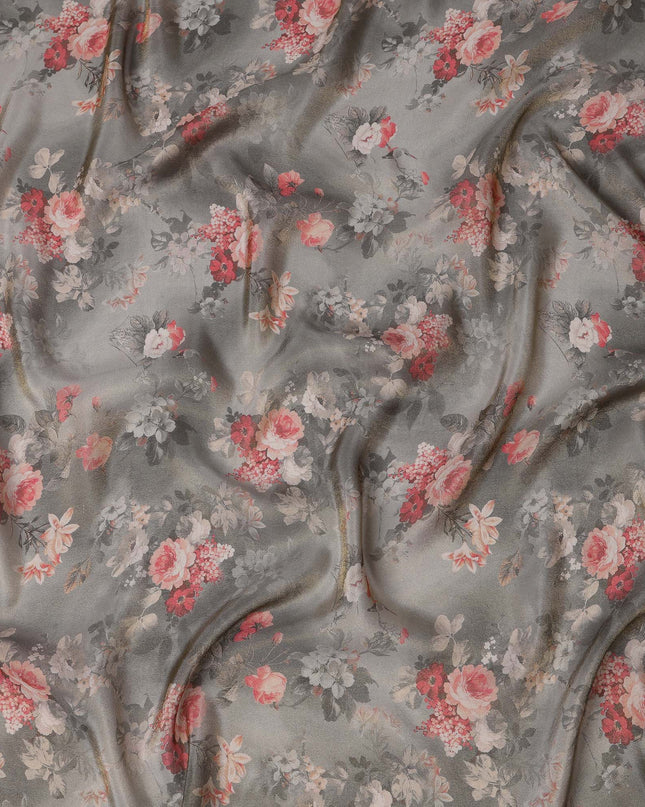 Grey Viscose Digital Printed Fabric with Metallic Finish and Floral Design, 110 cm Width-D21329