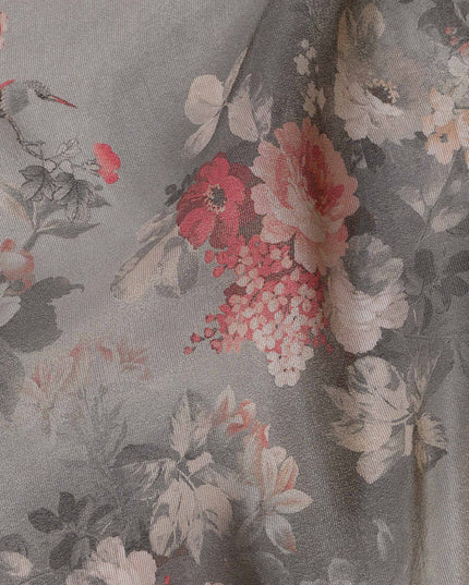 Grey Viscose Digital Printed Fabric with Metallic Finish and Floral Design, 110 cm Width-D21329