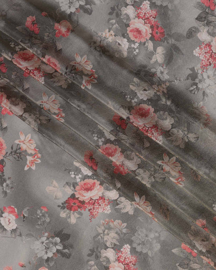 Grey Viscose Digital Printed Fabric with Metallic Finish and Floral Design, 110 cm Width-D21329