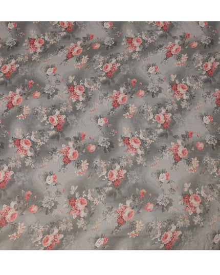 Grey Viscose Digital Printed Fabric with Metallic Finish and Floral Design, 110 cm Width-D21329