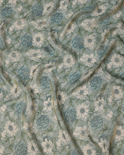 Sea Green Viscose Digital Printed Fabric with Metallic Finish and Floral Design, 110 cm Width-D21330