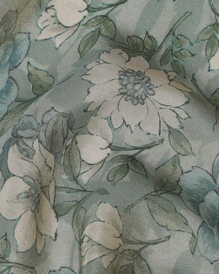 Sea Green Viscose Digital Printed Fabric with Metallic Finish and Floral Design, 110 cm Width-D21330