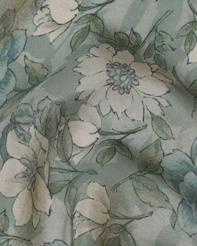 Sea Green Viscose Digital Printed Fabric with Metallic Finish and Floral Design, 110 cm Width-D21330