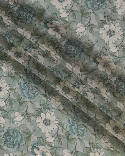 Sea Green Viscose Digital Printed Fabric with Metallic Finish and Floral Design, 110 cm Width-D21330