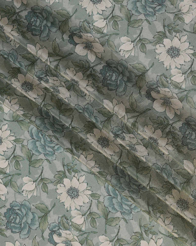 Sea Green Viscose Digital Printed Fabric with Metallic Finish and Floral Design, 110 cm Width-D21330