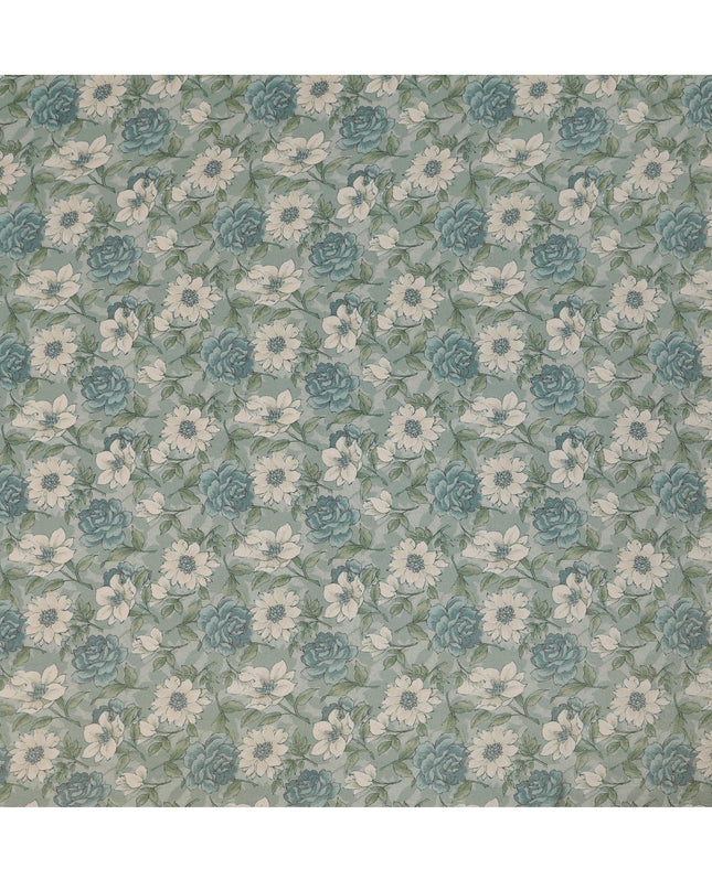 Sea Green Viscose Digital Printed Fabric with Metallic Finish and Floral Design, 110 cm Width-D21330