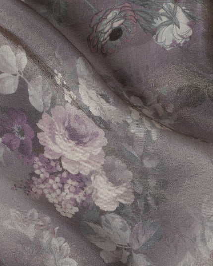 Lavender Grey Viscose Digital Printed Fabric with Metallic Finish and Floral Design, 110 cm Width-D21331