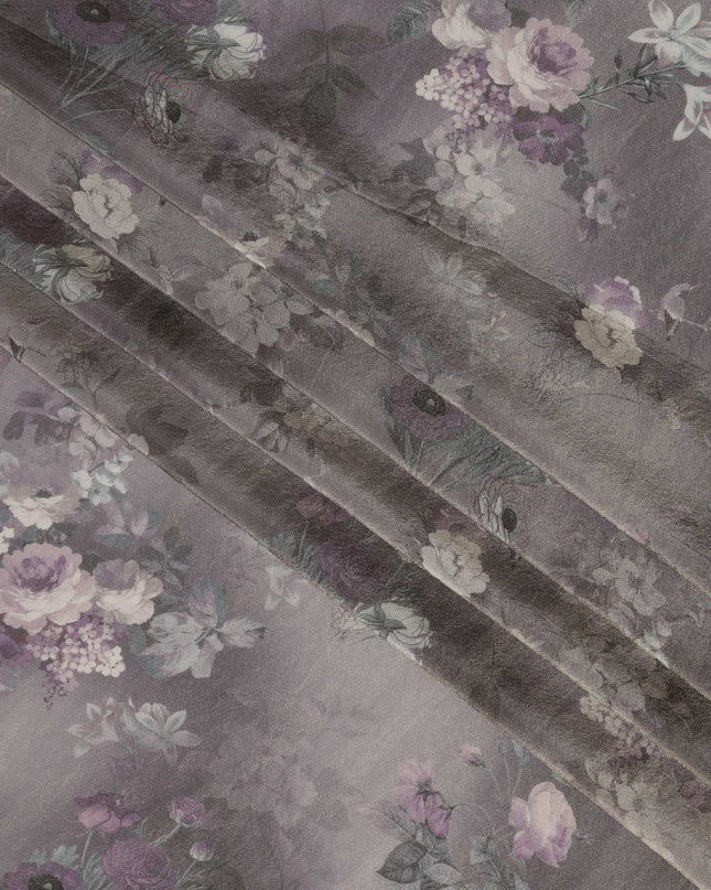 Lavender Grey Viscose Digital Printed Fabric with Metallic Finish and Floral Design, 110 cm Width-D21331