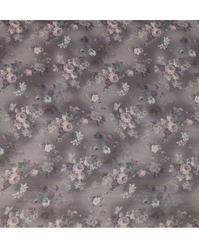 Lavender Grey Viscose Digital Printed Fabric with Metallic Finish and Floral Design, 110 cm Width-D21331