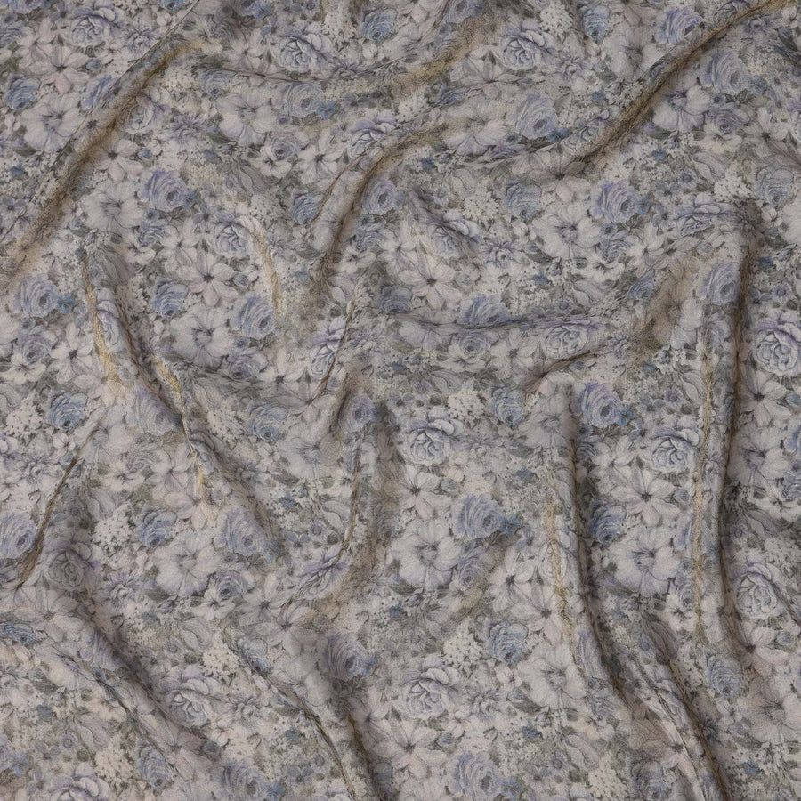 قماش فيسكوز أزرق فضي مطبوع رقميًا بلمسة نهائية معدنية ونقشة زهور، عرض 110 سم - D21332