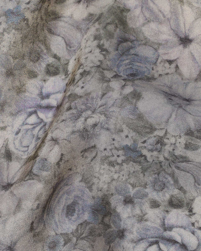 Silver Blue Viscose Digital Printed Fabric with Metallic Finish and Floral Pattern, 110 cm Width-D21332