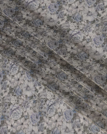 Silver Blue Viscose Digital Printed Fabric with Metallic Finish and Floral Pattern, 110 cm Width-D21332