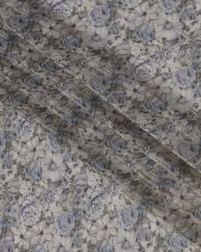 Silver Blue Viscose Digital Printed Fabric with Metallic Finish and Floral Pattern, 110 cm Width-D21332