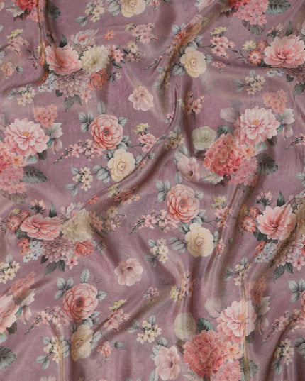 Rose Gold Viscose Digital Printed Fabric with Metallic Finish and Floral Design, 110 cm Width-D21333