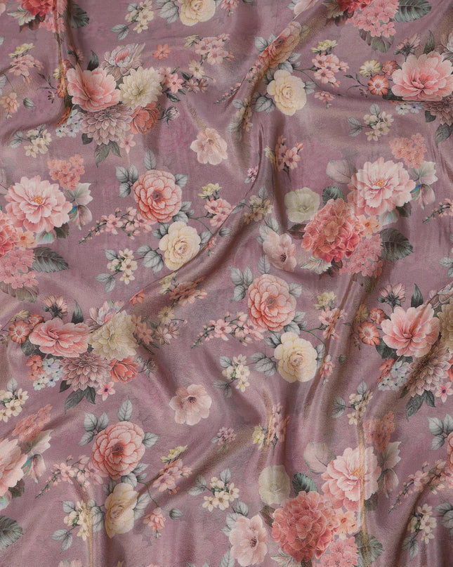 Rose Gold Viscose Digital Printed Fabric with Metallic Finish and Floral Design, 110 cm Width-D21333