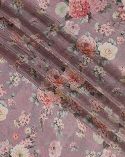 Rose Gold Viscose Digital Printed Fabric with Metallic Finish and Floral Design, 110 cm Width-D21333