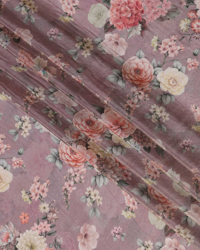 Rose Gold Viscose Digital Printed Fabric with Metallic Finish and Floral Design, 110 cm Width-D21333