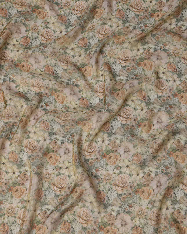 Soft Beige Viscose Digital Printed Fabric with Metallic Finish and Floral Pattern, 110 cm Width-D21334