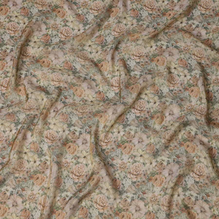 قماش فيسكوز ناعم باللون البيج مطبوع رقميًا بلمسة نهائية معدنية ونقشة زهور، عرض 110 سم - D21334