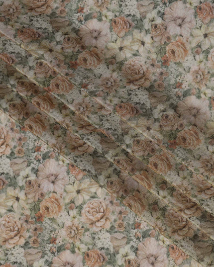 Soft Beige Viscose Digital Printed Fabric with Metallic Finish and Floral Pattern, 110 cm Width-D21334