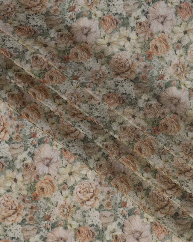 Soft Beige Viscose Digital Printed Fabric with Metallic Finish and Floral Pattern, 110 cm Width-D21334